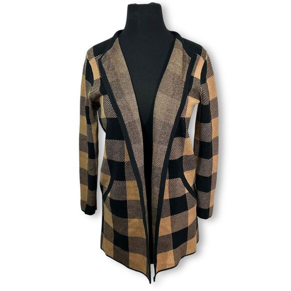 J Crew Vaness Re Imagined Buffalo Check Open Front Cardigan Sweater Tan Plaid XS - Picture 1 of 8